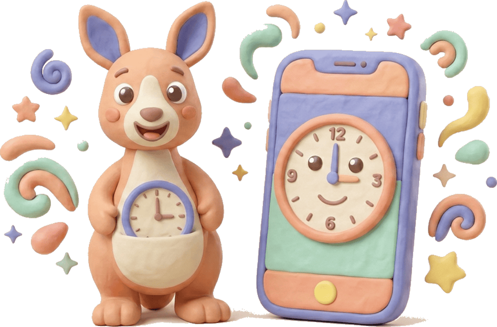 Saat 3’te dost canlısı bir analog saat ve iki fare maskotunu gösteren Tick & Tock uygulaması